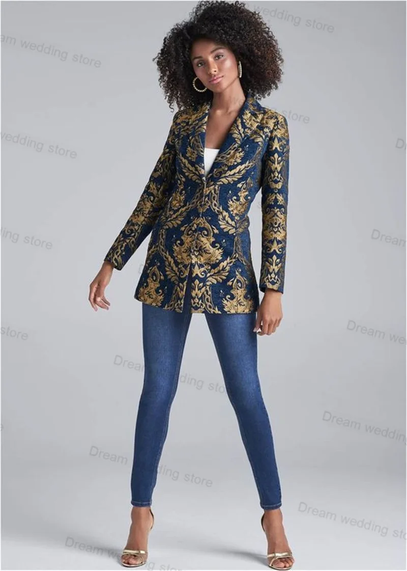 

Luxury Blue Women Suits Blazer 1 Piece Jacket Formal Full Sleeves Prom Wedding Tuxedos Tailored Coat Outfit