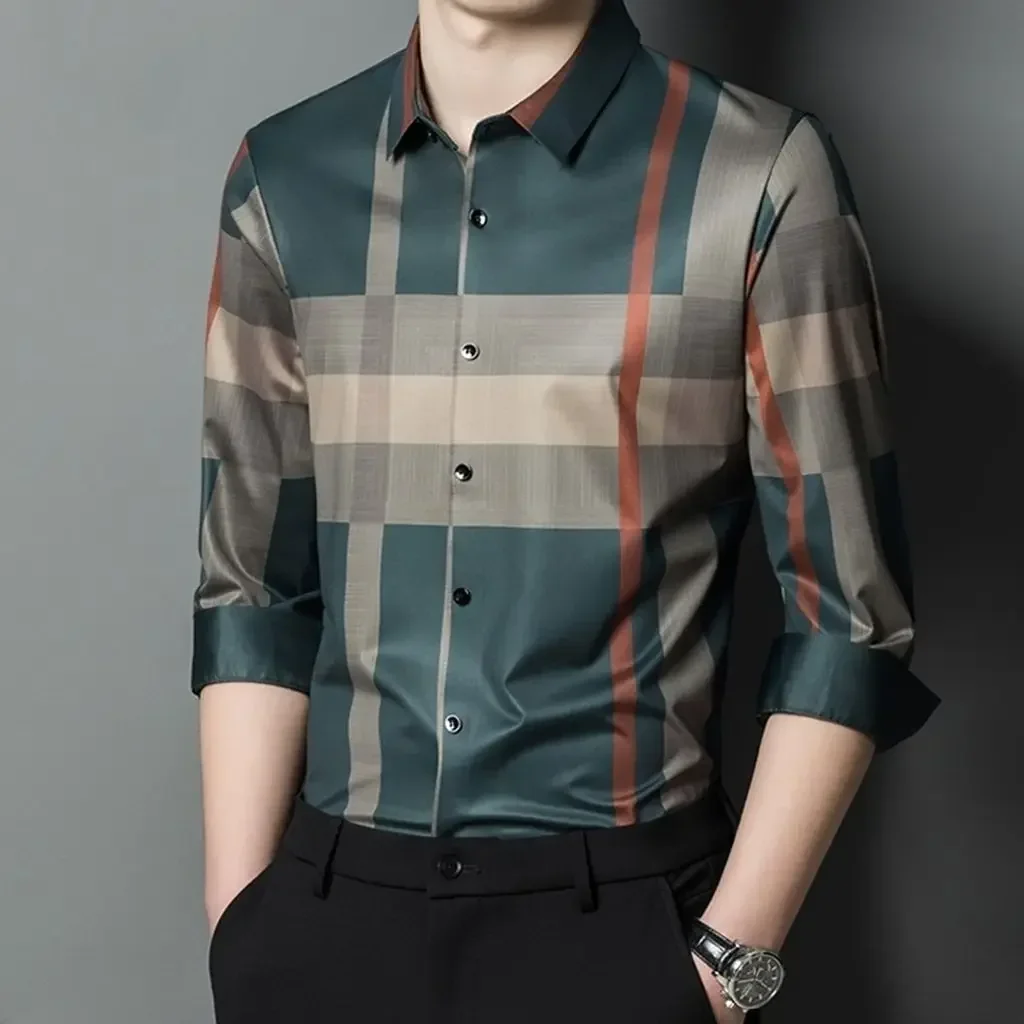 

Male Streetwear Sleeve Casual Plaid Tops Autumn Long Clothing Men Lapel Fashion Basic Shirts Spring Vintage New Loose Business