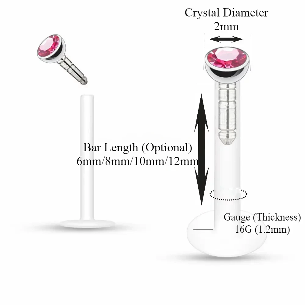 2 Stück mehrfarbiger 2 mm Kristall-Acryl-Monroe-Lippen-Labret-Ring, 6/8/10/12 mm, Bar-Push-In-Ohrstecker, flexibles Piercing, 16 g – Detail 3