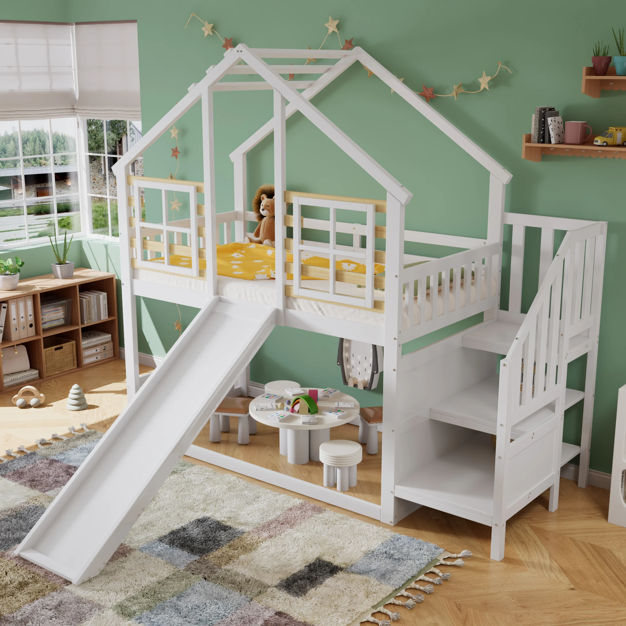 PINGGO Weißes Holz-Etagenbett 90x200cm mit Treppe, Rutsche, Fenster, Blockhaus-Design, Absturzsicherung, Massivholzrahmen, ohne Matratze – Detail 2