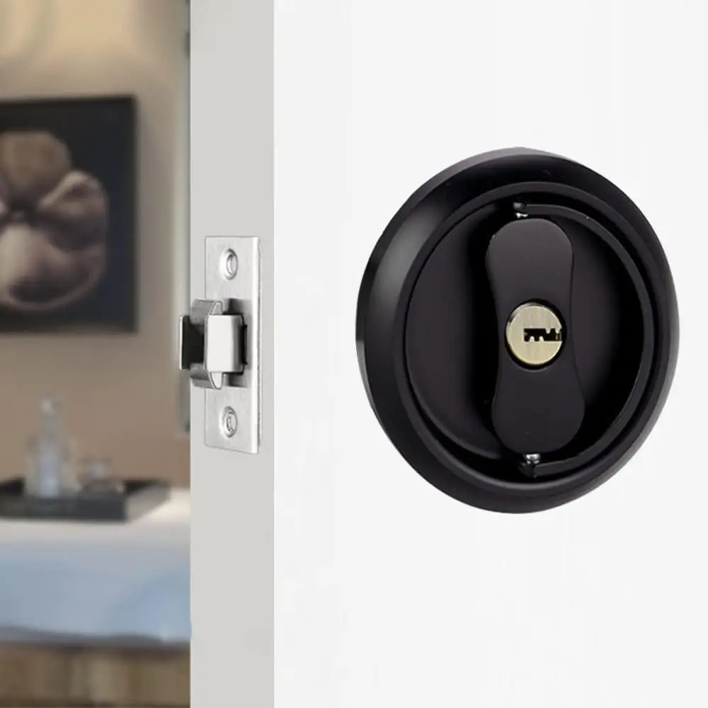LWZH Recessed Interior Sliding Door Lock Round Privacy Sliding Door Closing with Keys Hidden Pull Ring Latch