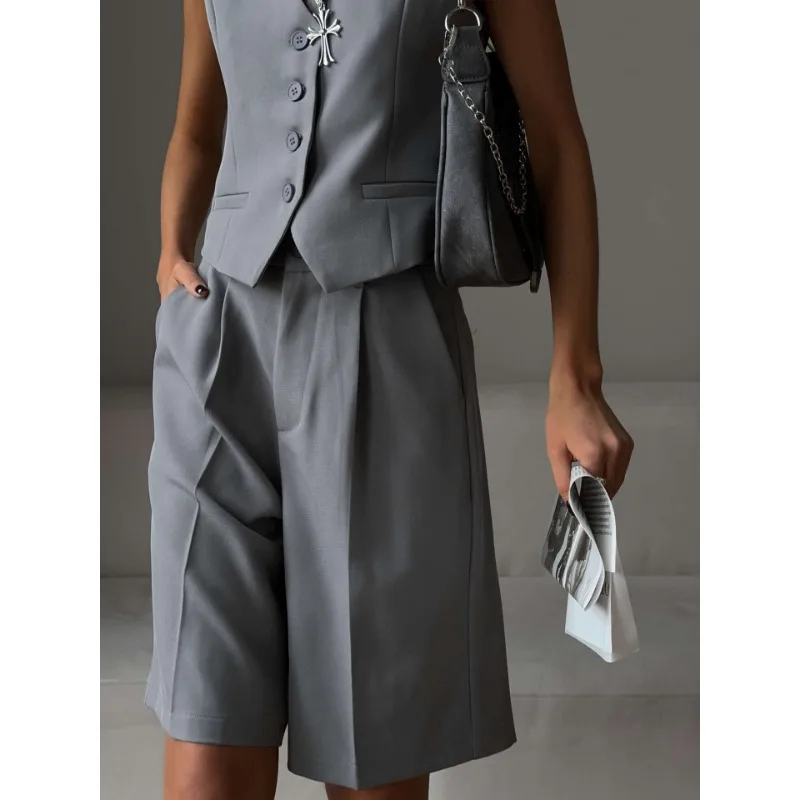 V-Neck Sleeveless Female 2 Piece-Set Casual Slim Straight Trousers Pocket Solid High Street Outfits Fashion Shorts Sets