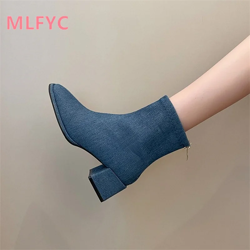 European and American oversized thick heeled short denim with back zipper, medium heeled thin fashion skinny women's boots