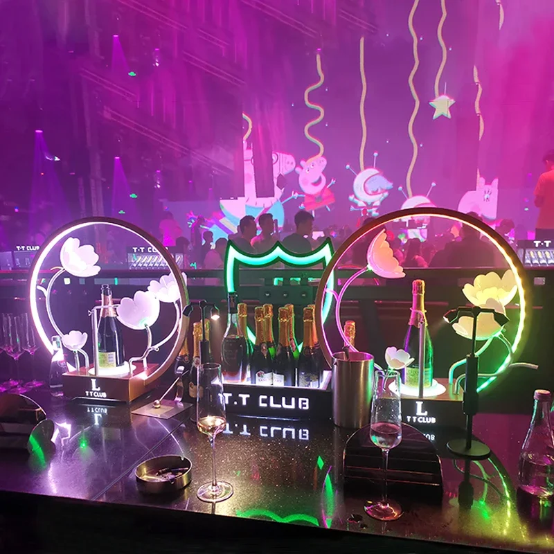 New Lotus Flower LED Circle Metal Ring Perrier Jouet Champagne Bottle Presenter For Night Club Lounge Party Decoration