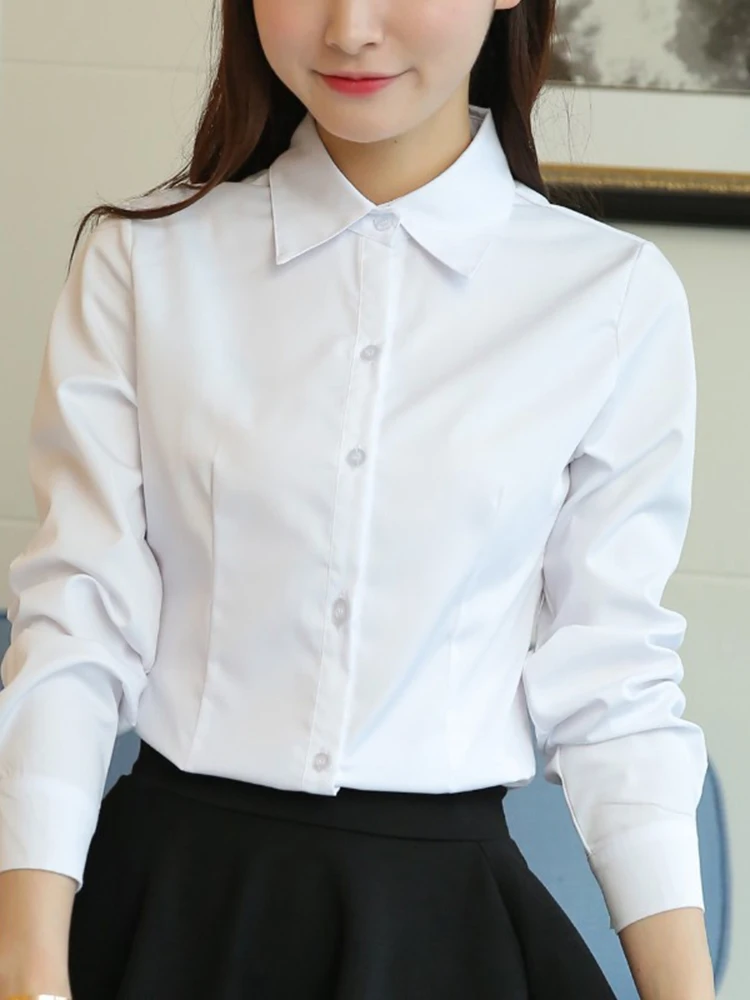 Women's Turn-Down Collar Long Sleeve Blouse - Office Lady Slim Fit