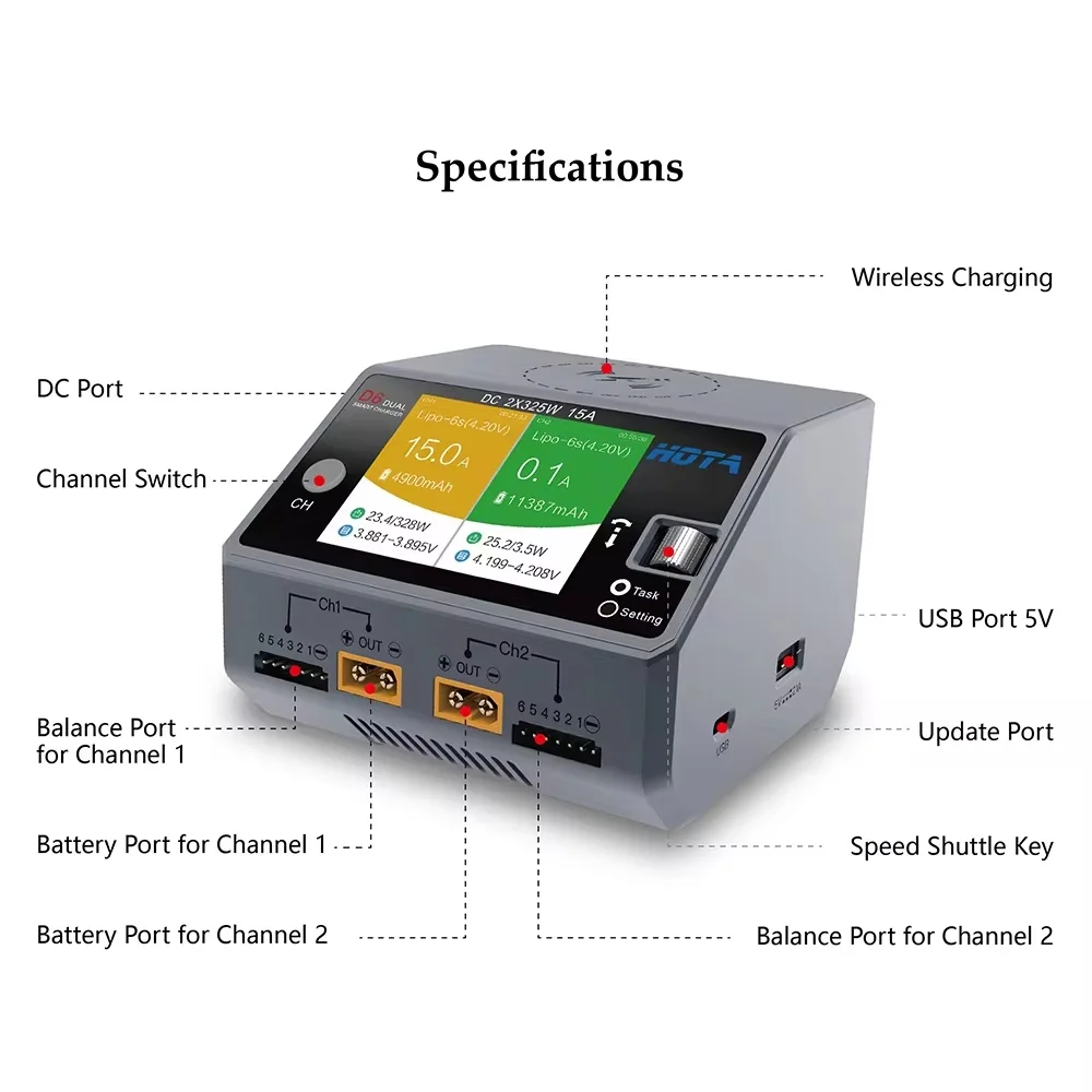 HOTA D6 Dual DC650W 15A 2 Channel Smart Charger for Lipo LiIon NiMH Battery Rc Drone Spare Parts with Wireless Charging thumbnail 3