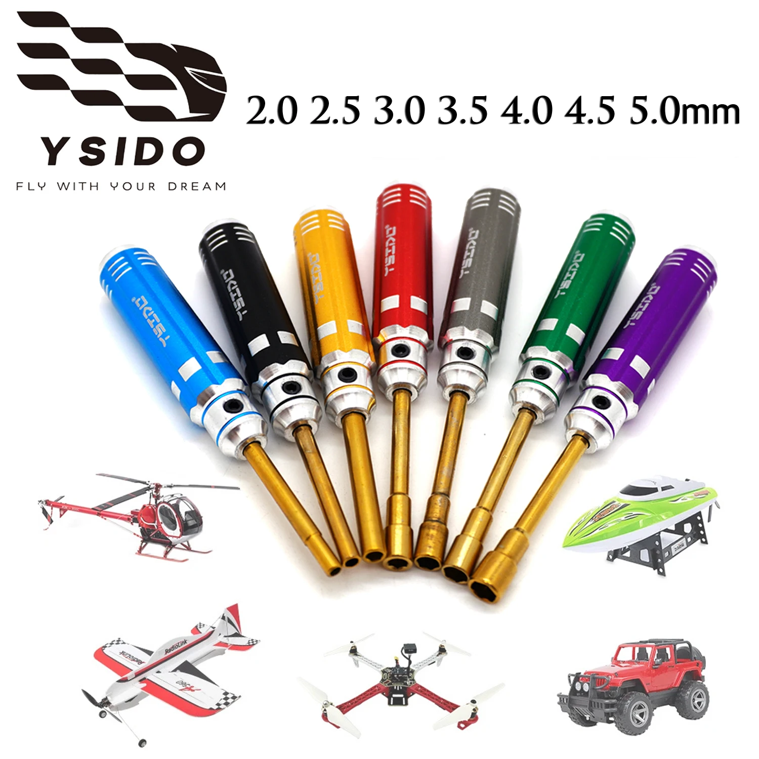 Kit de 7 chaveiros de fenda hexagonal 2,0-5,0 mm para carro, barco e drone RC