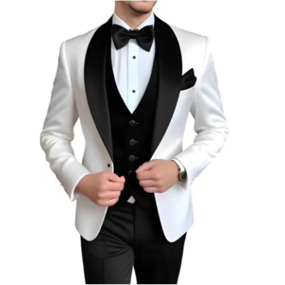 Solid Color Slim Fit Men's Tuxedo 3-Piece Set Fashion Business Wedding Suit with Shawl Lapel Blazer Vest Pants for Groom Party