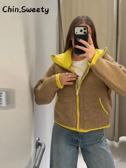 Casual Women's Contrast Color Knitted Coats Stand Collar Full Sleeve Zipper Pockets Jacket 2025 Autumn Winter Lady Warm Outwear 2