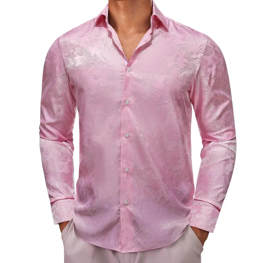 

Designer Shirts for Men Silk Pink Paisley Long Sleeve Slim Fit Male Blouses Casual Formal Tops Breathable Barry Wang