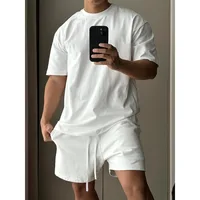 Ensemble Short à manches courtes en pur coton pour hommes, T-shirt ample de sport et de loisirs tendance européenne et américaine 2