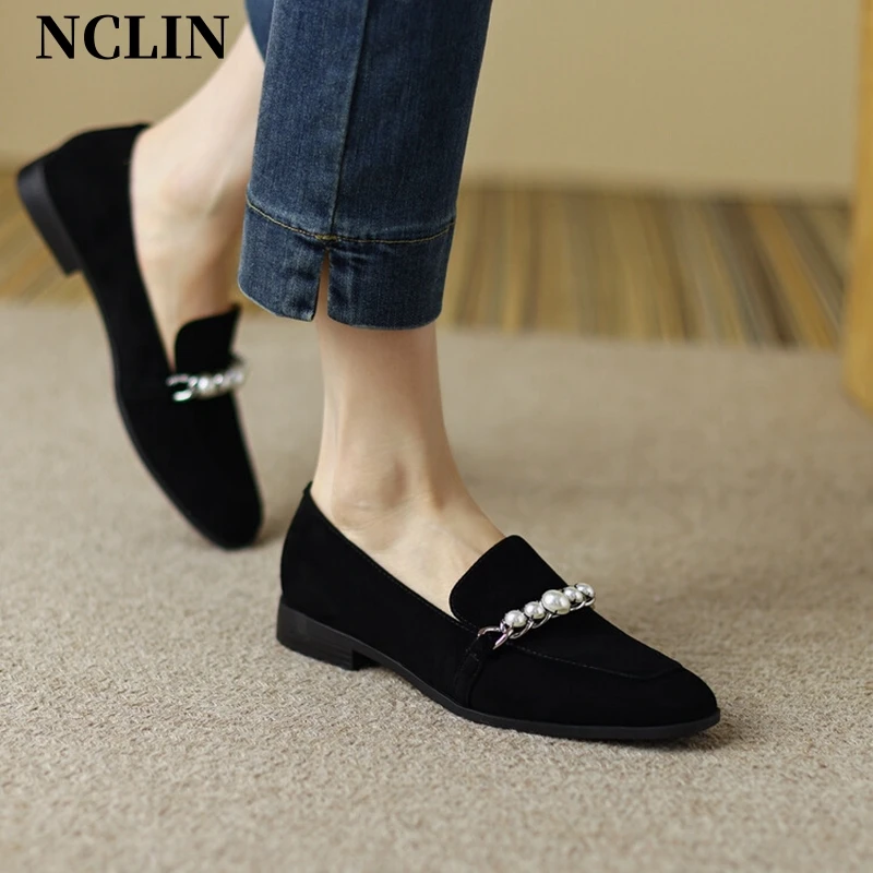 

NEW Spring Women Loafers Round Toe Chunky Shoes Sheep Suede Shoes For Women Pearl Chain Women Pumps Low Heel Zapatos De Mujer