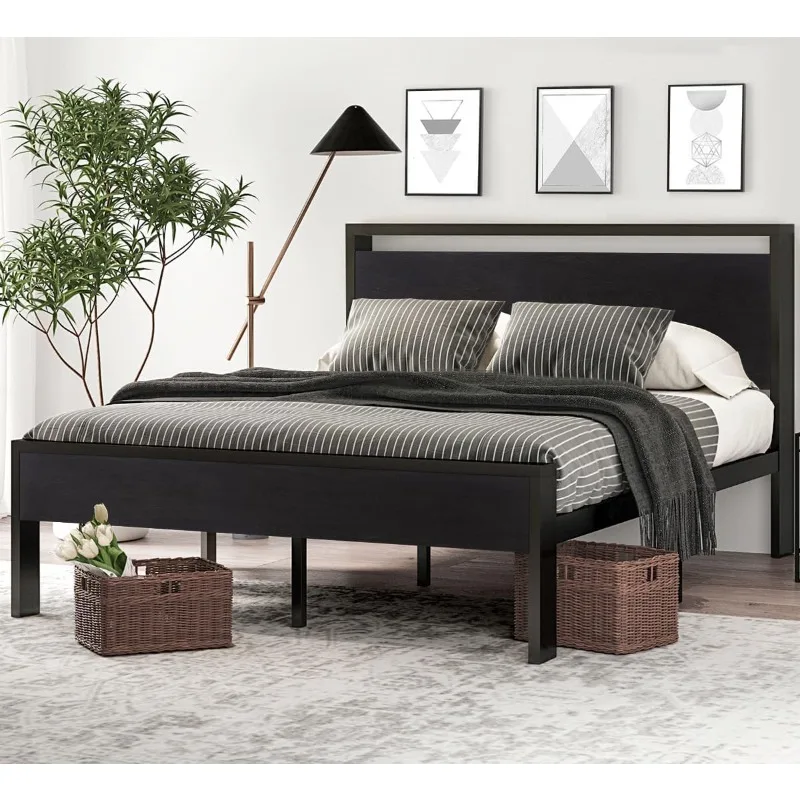 14 Inch Queen Size Metal Platform Bed Frame with Wooden Headboard and Footboard, Mattress Foundation, No Box Spring Needed,