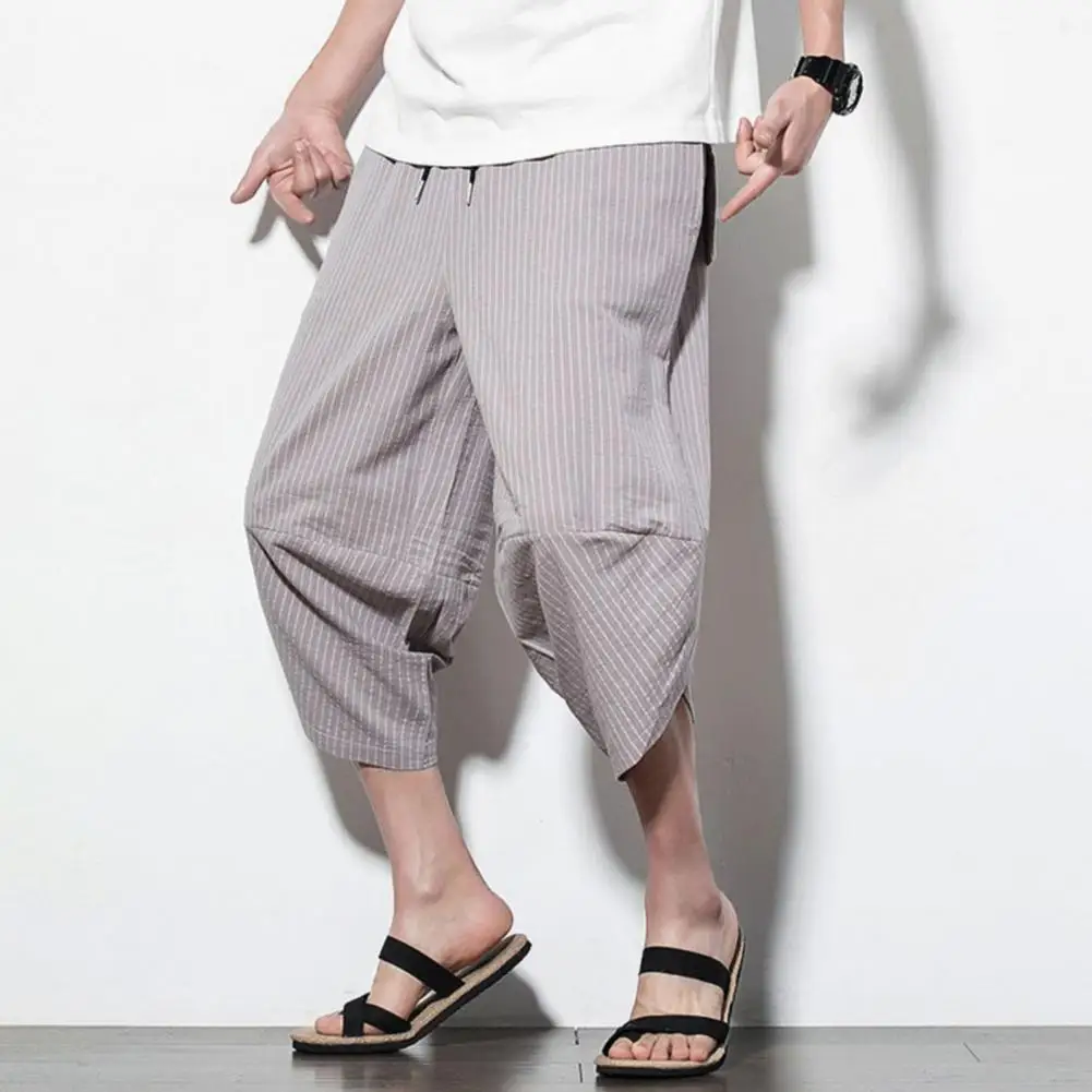 

Striped Carrot Pants Men's Summer Cropped Pants with Elastic Drawstring Waist Vertical Striped Print Harem Pants for Streetwear