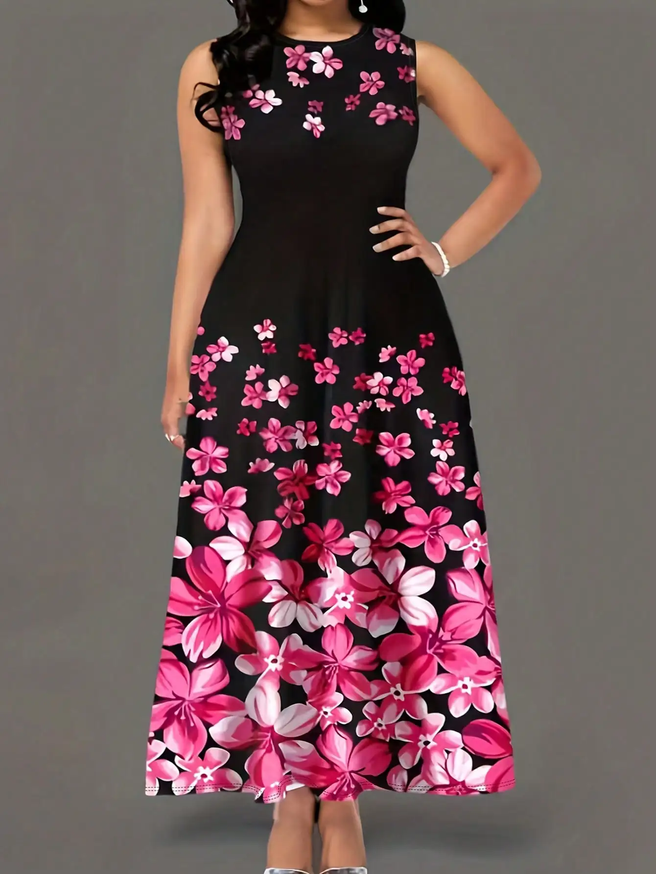 فستان نسائي طويل مزين بالزهور بمقاس كبير، فستان طويل بدون أكمام ورقبة دائرية مع جيوب للحفلات المسائية غير الرسمية