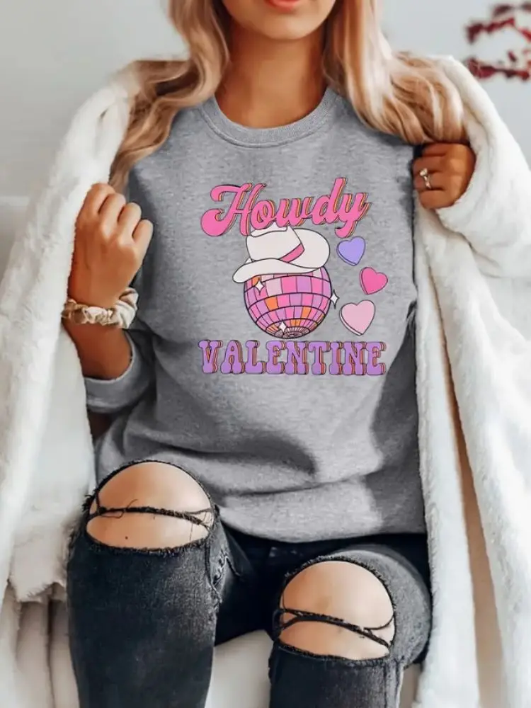 Valentine's Day Pullover Sweatshirt Casual Long Sleeve Hoodies Heart Print Crew Neck Sweatshirts Women's Clothing