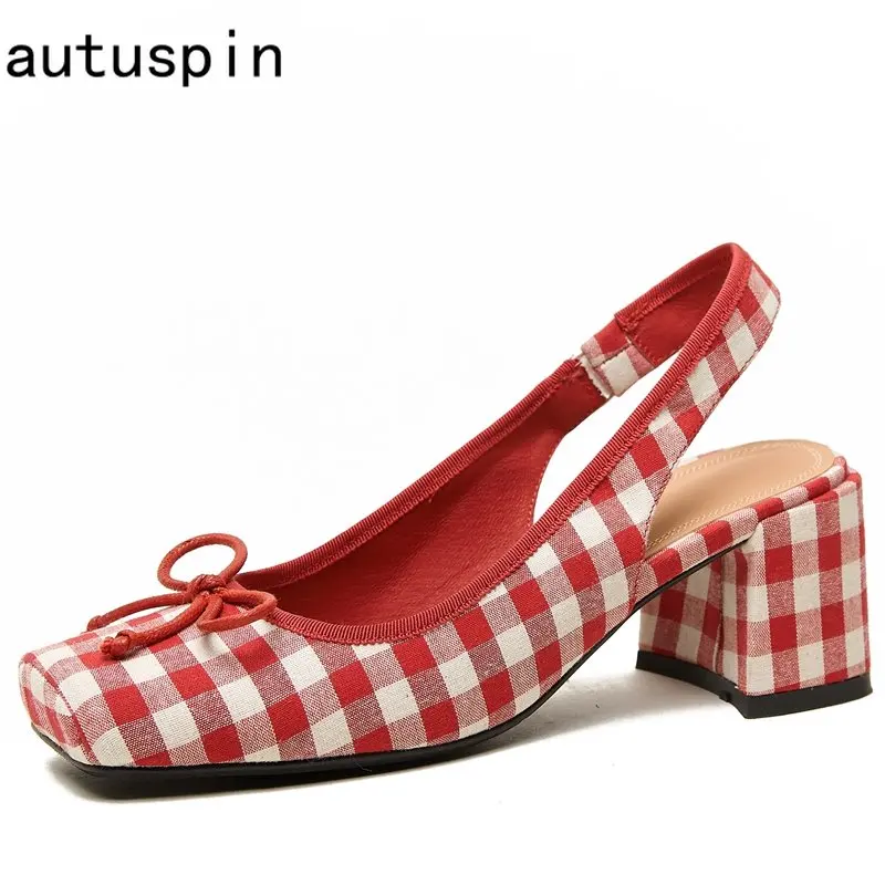 

Autuspin Retro Plaid Women's Shoes 2023 Spring Summer Classic Square Toe Mary Janes Pumps Office Ladies Daily Working High Heels