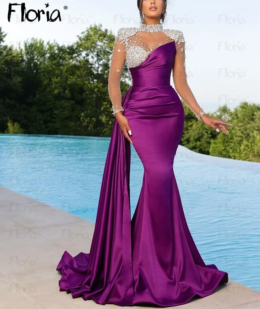 

Trendy Purple Satin Formal Prom Dress Turtleneck Long Sleeve Side Train Pageant Event Gowns Pink Wedding Party Dresses Customize