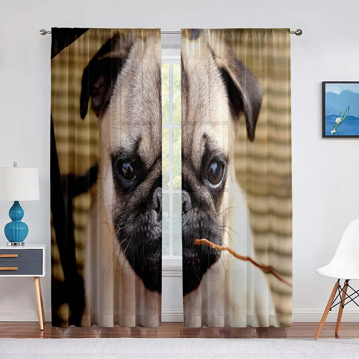 Cute Puppy Pug Dog Twins Tulle Curtains for Living Room Bedroom Home Kitchen Animals Window Sheer Voile Curtains Chiffon Drapes 2