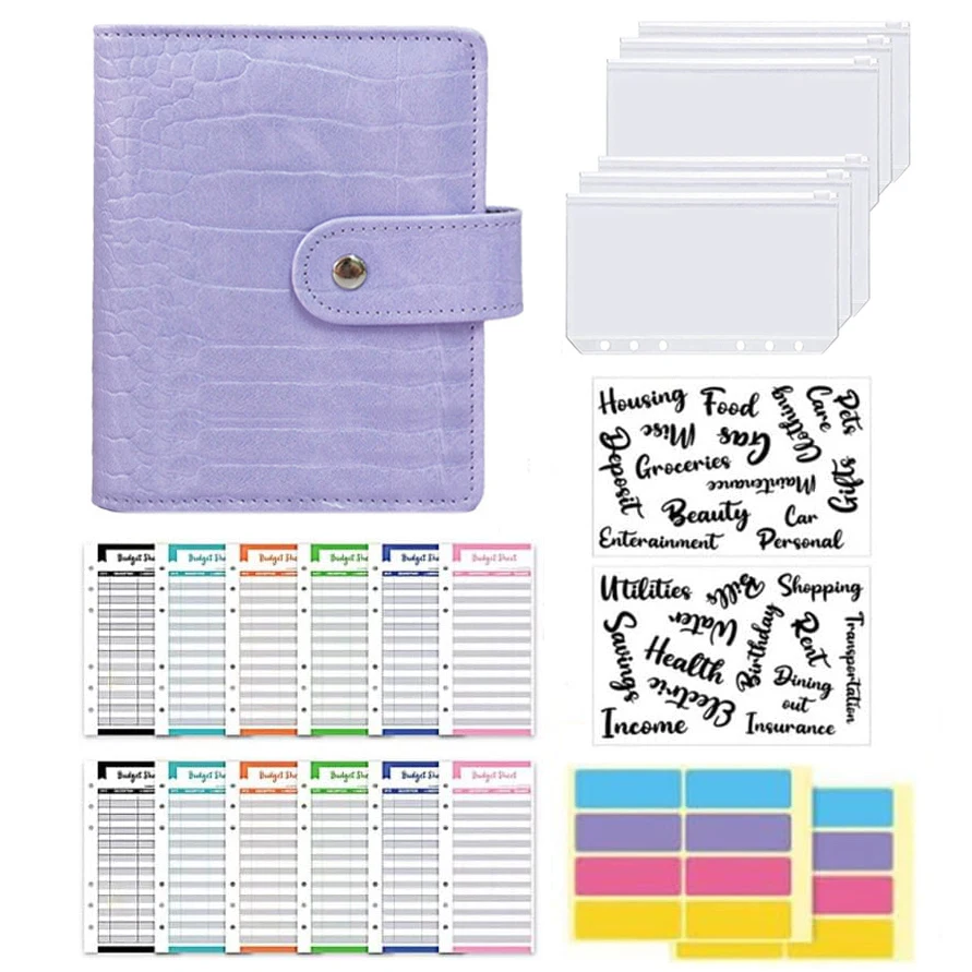 

A7 Pu Leather Budget Binder Notebook Cash Envelopes with 6 Pockets System Set Clip-On Binder Money Budget Saving Bill Organizer