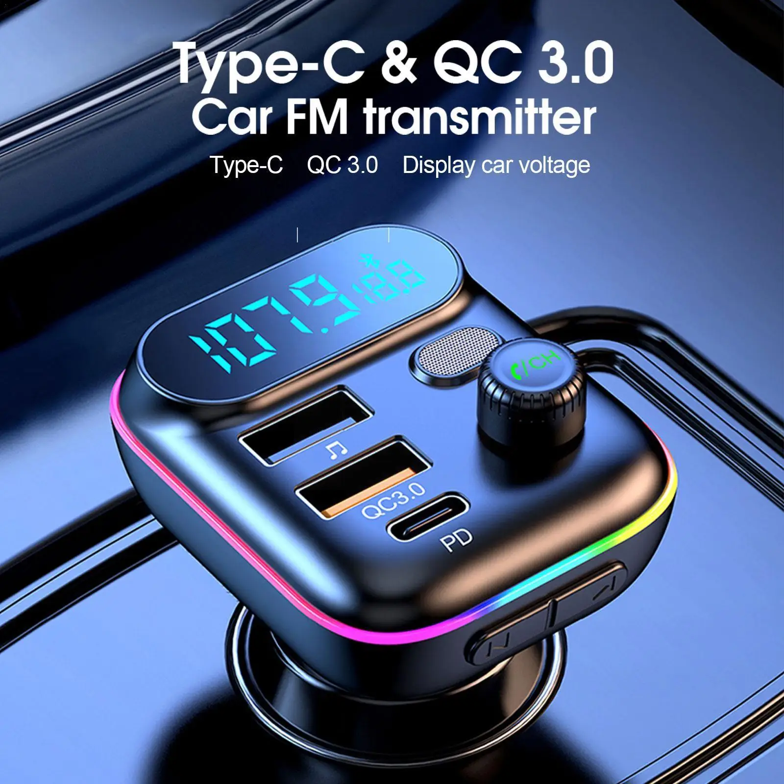 Car Bluetooth 5.0 FM Transmitter PD Dual Player Music Type-C Colorful Ambient MP3 Light Cigarette Lighter USB