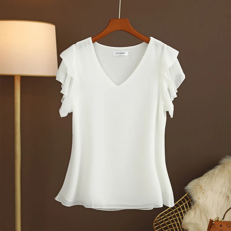 

Summer New Short Sleeve V Neck Chiffon Top T Shirt Oversized Solid Color Loose Blouse Simplicity Casual Women Clothing