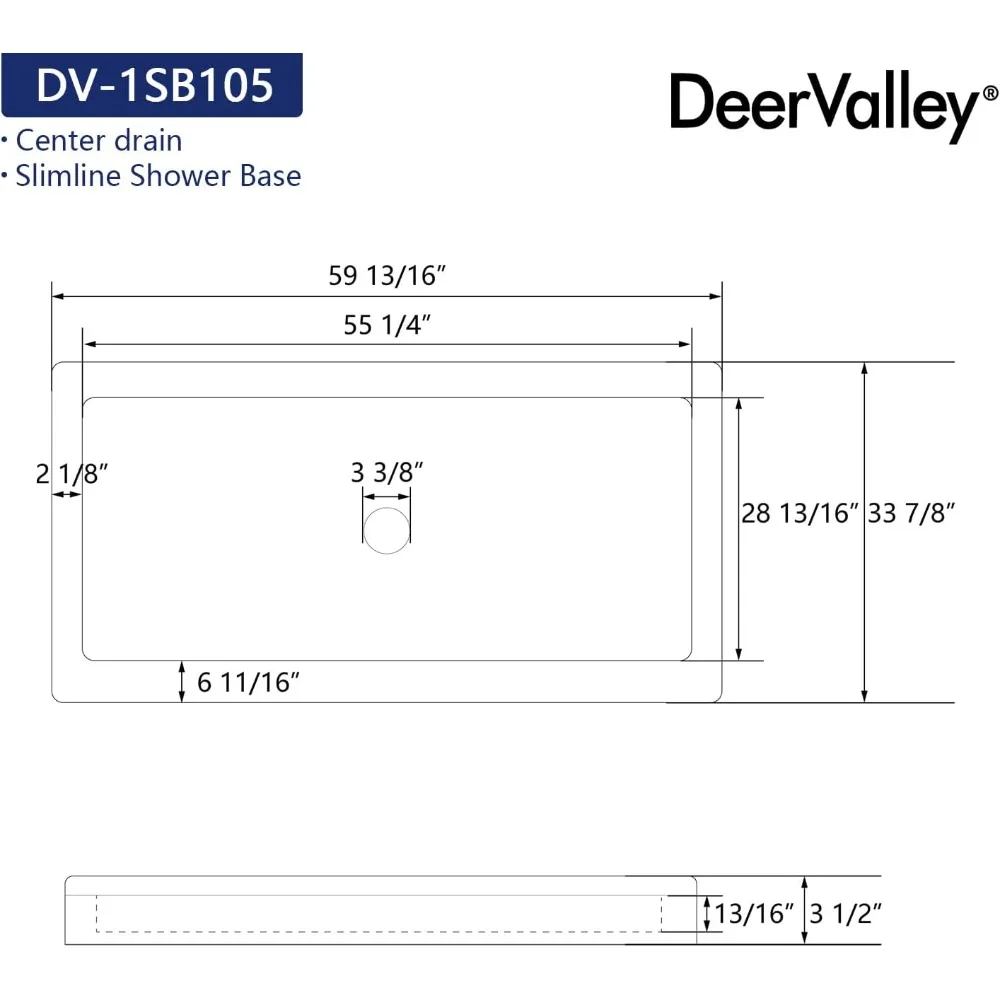 Single Threshold Shower Base, Center Drain Location, 60"L X 34"W Rectangle Acrylic Shower Pan