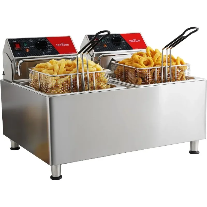 CROSSON ETL Listed 30Lbs Dual Tank Electric Commercial Deep Fryer with Solid Basket,Lid and Height Adjustable Legs
