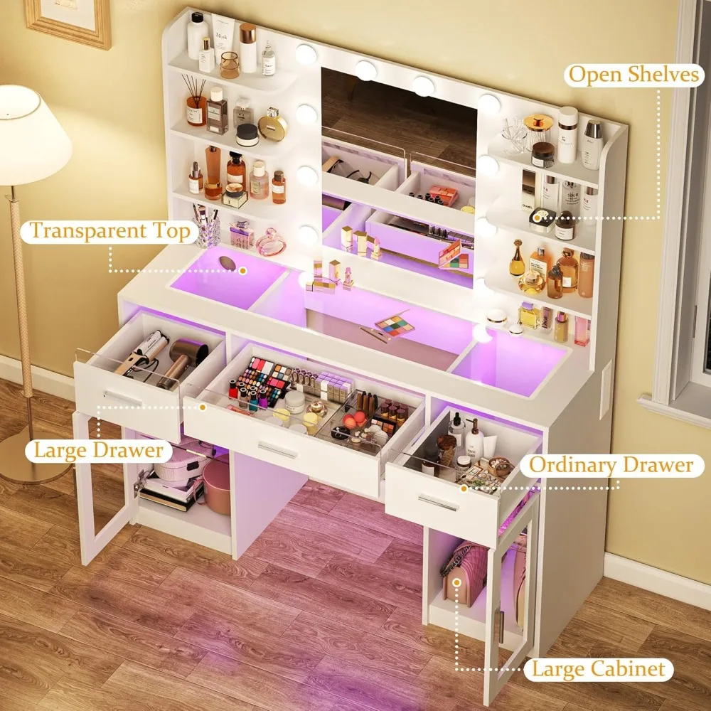 Vanity Desk Makeup Vanity Desk with Mirror and Lights 3 Colors Transparent Top with 3 RGB Drawers 6 Shelves 2 Large Tempered