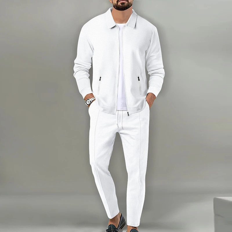 Leisure Waffle Two Piece Suits Men Casual Loose Lapel Zip-up Coats And Pants Sets For Mens Clothing Autumn Fashion Outfits Male