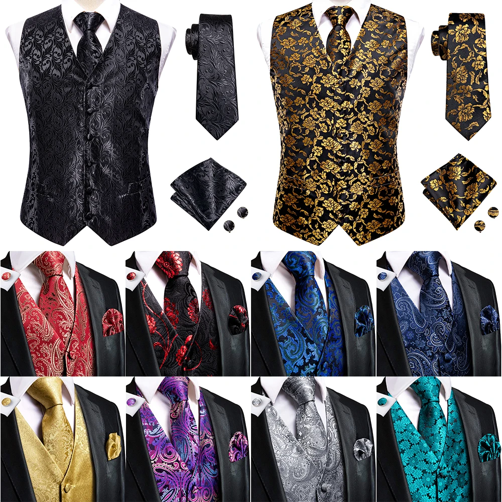 Men Silk Vest Paisley Jacquard Necktie Hankerchief Cufflinks Sets Male Sleeveless V-Neck Waistcoat Business Formal dress vests