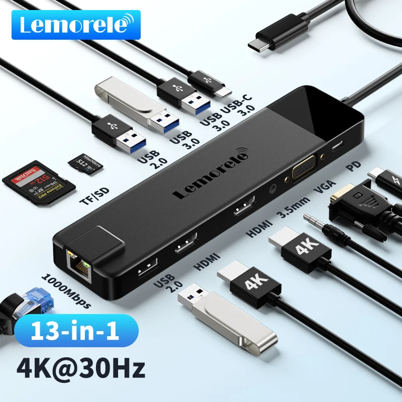 Lemorele-estación de acoplamiento TC100, HUB USB 3,0, RJ45, Gigabit, Ethernet, USB tipo C a HDMI Dual, VGA, para Macbook Air Pro, iPad Pro