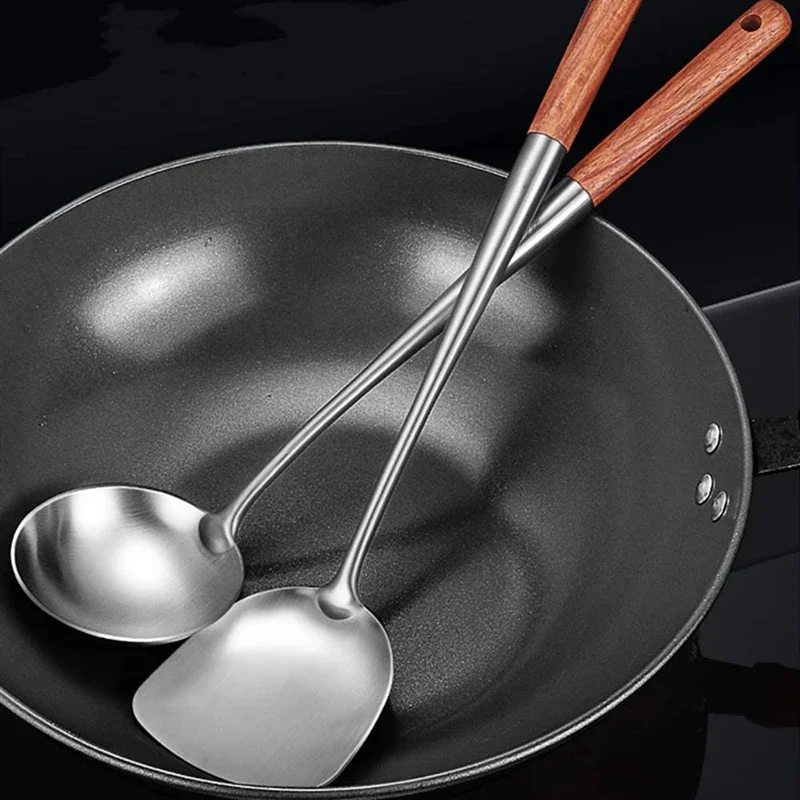 304Lange Steel Rvs Wok Spatel Cooking Equpment Kitchen Utensils Keuken Sleuven Rijst Lepel Kookgerei Gebruiksvoorwerp Set Turner kitchen utensils set