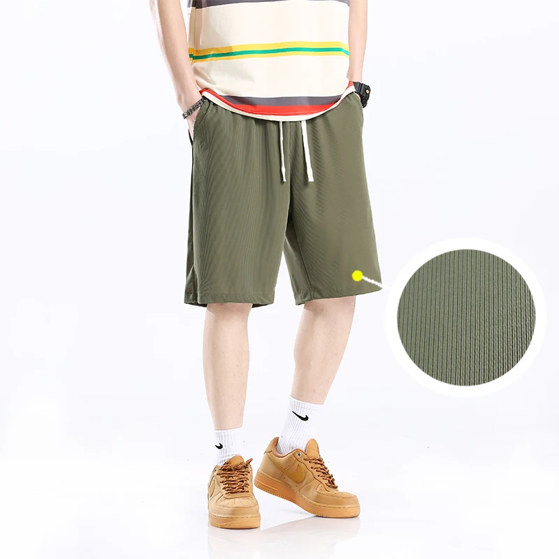 Summer Solid Color Elastic Pockets High Waist Casual Loose Men's Clothing Drawstring Knee Pants Sweatpants Straight Shorts