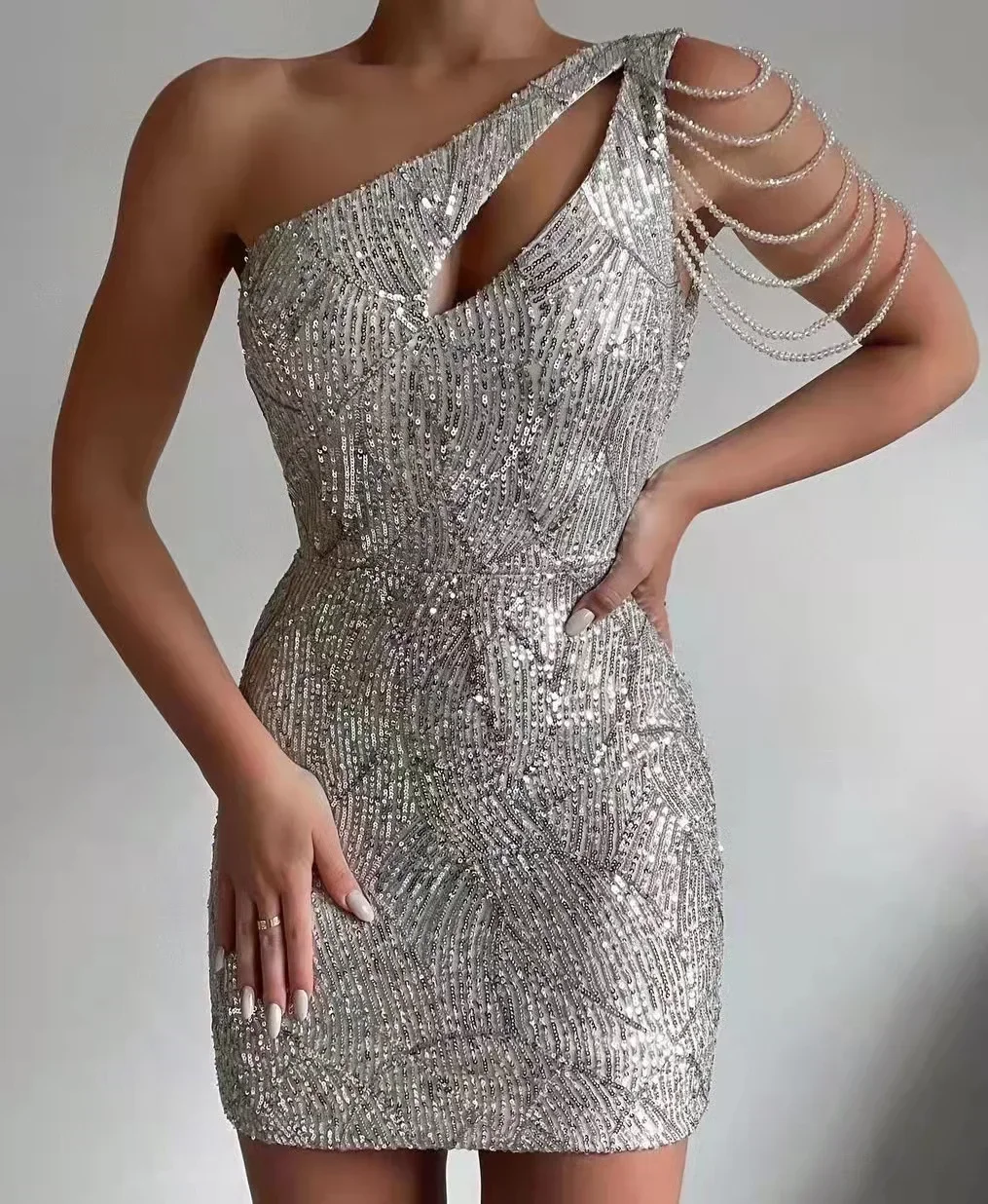 

Hawlife Vintage Silver Sequin Evening Dress Sexy Bodycon Dresses Short Party Prom Gown 005