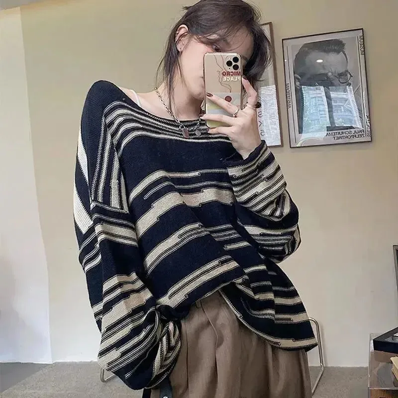 

Retro Striped Women's Sweater Thin Long Sleeve Sweaters Korean Fashion Women's Clothing Knit Top Autumn Pullover Baggy Jumper