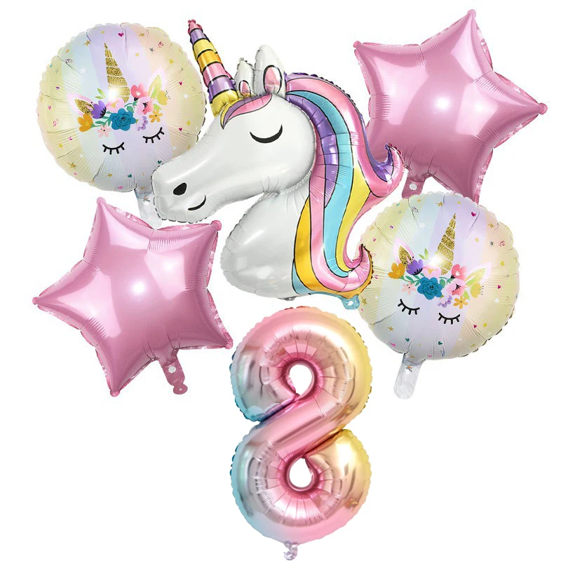 thumbnail image 1 of Globo de unicornio de 32 pulgadas, juego de globos de aluminio con números, decoración para fiestas de cumpleaños, vajilla desechable de unicornio para niños, suministros para fiestas de baby shower, 1 of 5