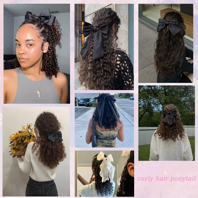 Synthetic Curly Hair Ponytail Extensions With Black Bow 14inch Wavy Curly Ponytail with Toothed Comb for Women Kids Daily Use