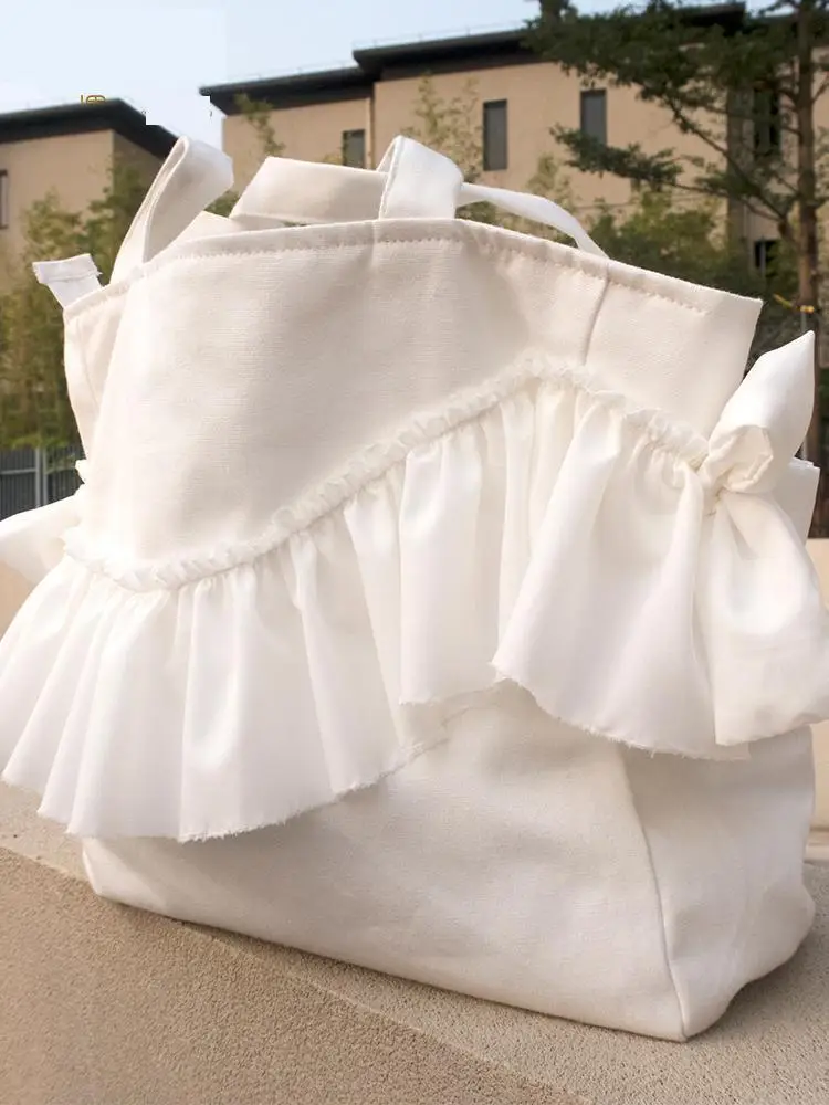 New Original Design Sweet Tote Bag Bow Lace Fold Large Capacity Shopping Bag Casual Fashion Simple Canvas Shoulder Bag For Women
