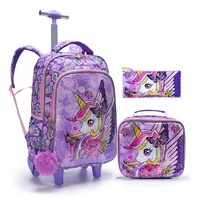 3PCS set Rolling Backpack For Girls Wheeled School BookBag With Lunch And Pen Bag Purple Unicorn Cute sequin Glow-in-the-dark 1