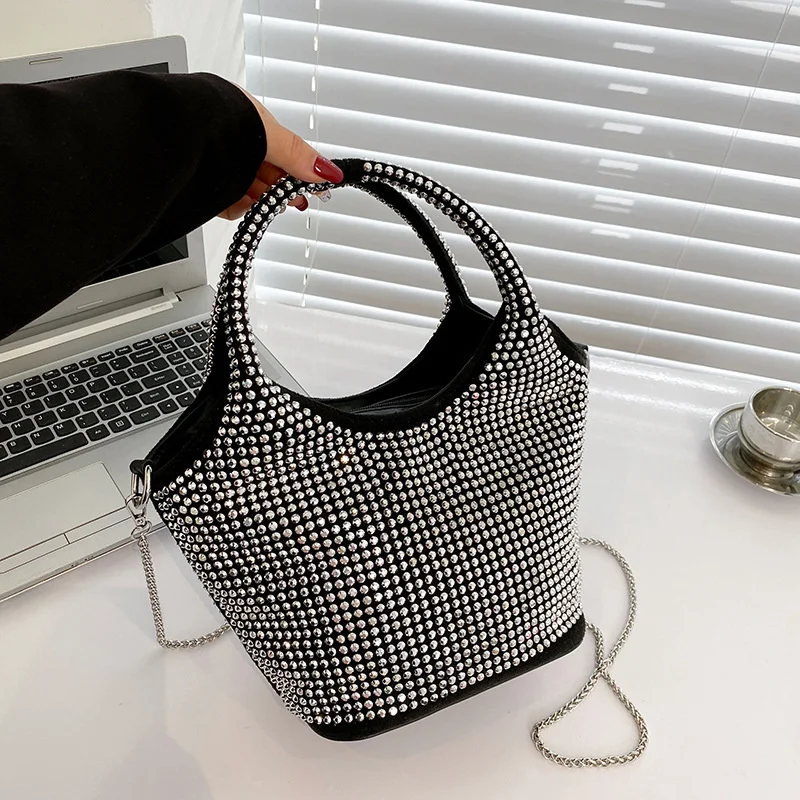 

New Fashion Evening Bag Women's Handbag PU Chain With Drill One Shoulder Diagonal Bag Mini Party Bucket Bag