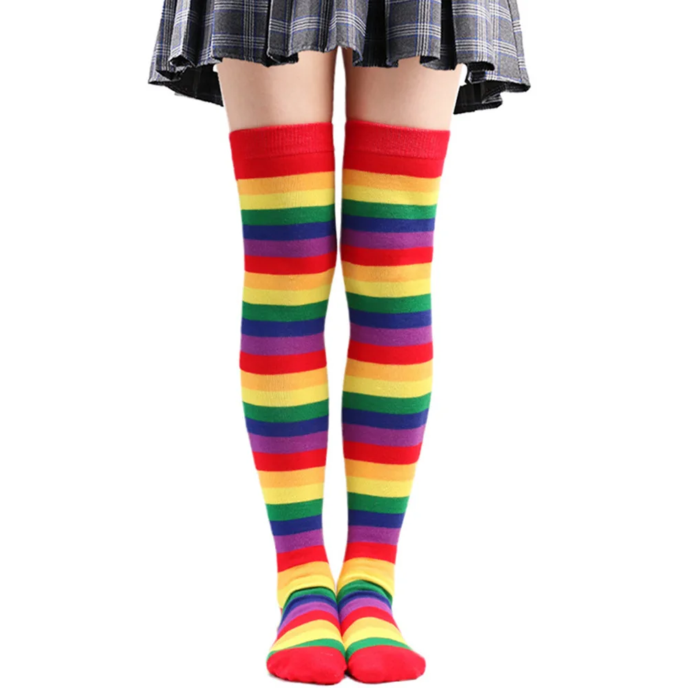 Womens Colorful Striped Stocking Socks Knee High Socks Thigh High Over The Knee Hosiery Casual Tube Socks Costume Leg Warmers