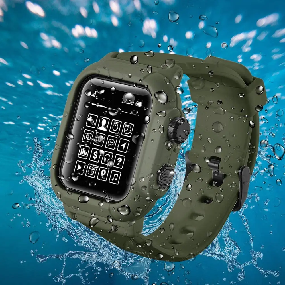 IP68 Waterproof Case+Strap For Apple watch 44mm 42mm Sports Silicone Bracelet Anti-drop Protective Cover For iWatch 6 5 4 3 SE