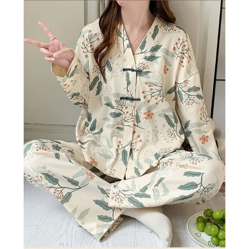 Women Nightwear Long Sleeve Long Pants Sleepwear Pajamas Sets Buttons Print Loungewear V-neck Pajamas Korean Loose Homewear