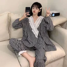 

Spring/Autumn Pajamas Set Women Sweet Cute Japanese Plaid Home Clothes Household Wear 2Piece Set Pyjamas Suits