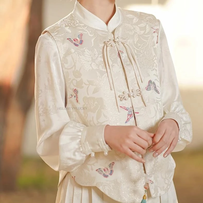 New Chinese Style Women White Embroidered Cotton Vest Suit Autumn Winter Fashion Jacket Woman Tangsuits Vest Tangsuit Coat