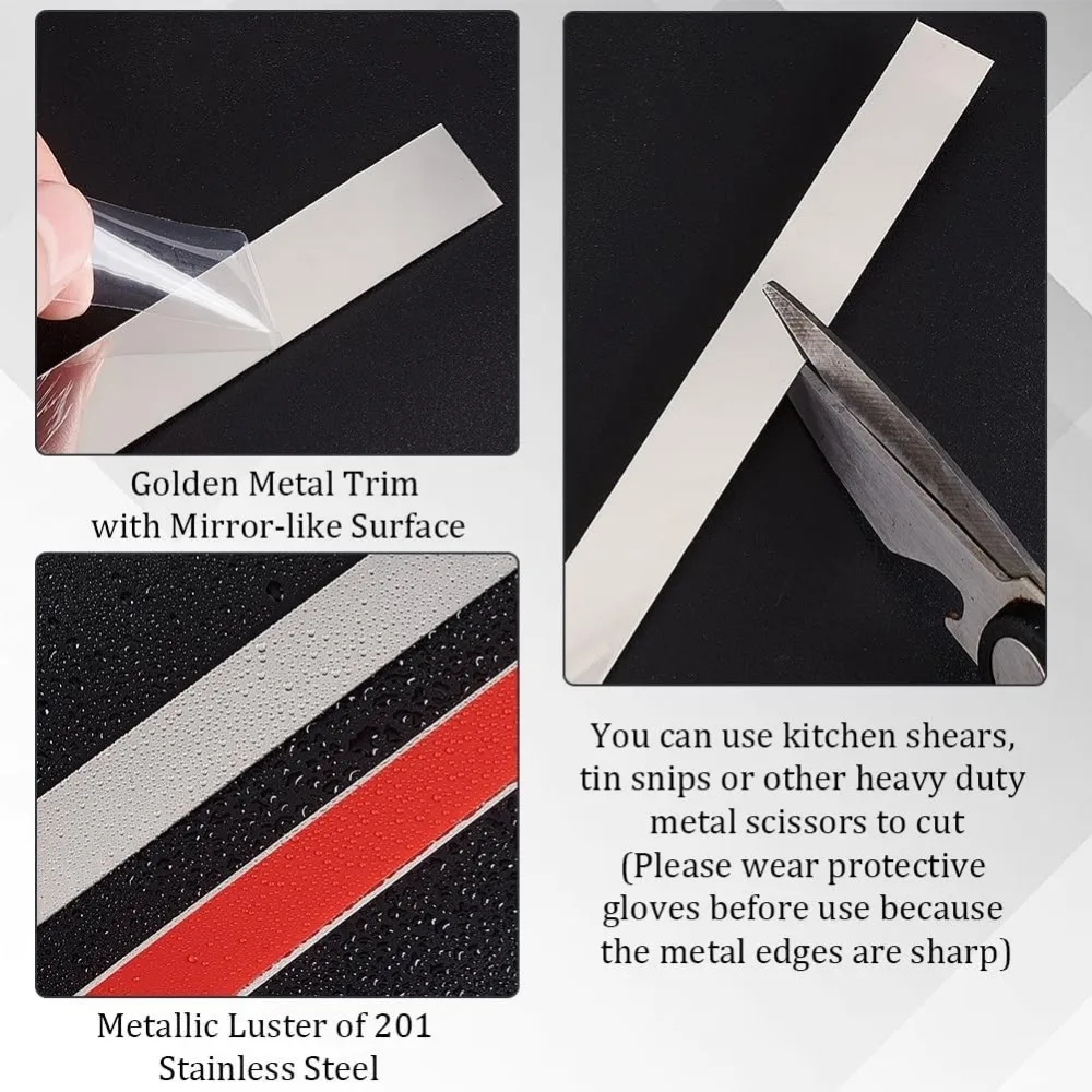 16.4 Feet Self-Adhesive Metal Trim 0.6 Inch Wide Wall Trim Molding 0.8mm Thick Stainless Steel Peel & Stick Flexible Stainless