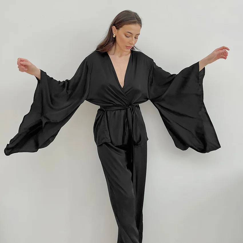 Black Pajamas Sets for Women Batwing Long-sleeve Cardigan Nightgown  With Belt+Loose Pants 2Pcs Nightclothes Lady Home Sleepwear