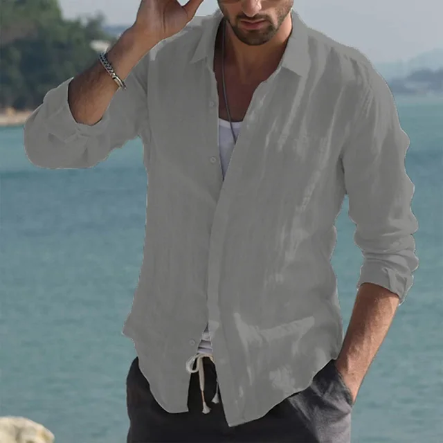 Camicia Di Lino E Cotone Uomo Manica Lunga - Elegante, Traspirante, Per Estate E Vacanze - Foto 2