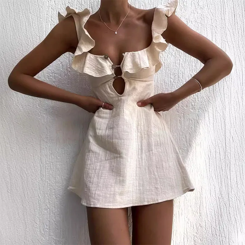 

Sexy Hollow Out Button Ruffles Short Dress Summer V Neck Sleeveless Solid Color Dress New Holiday Beach Cotton Linen Mini Dress